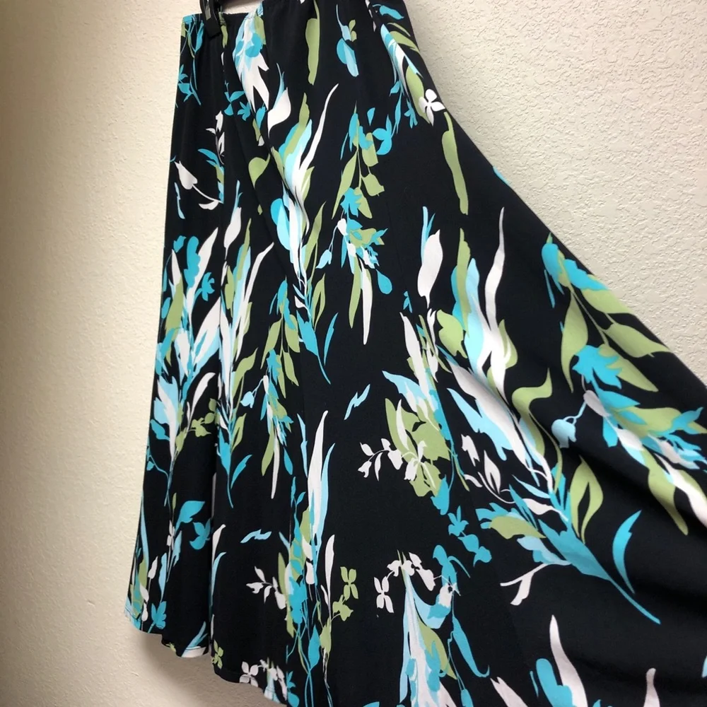 Notations Black High-Low Skirt with Blue, Green & White Leaf Print